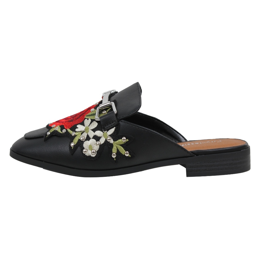 Black Rose Embroidery Backless Slip On Loafer Mule - Picture 2 of 6